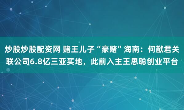 炒股炒股配资网 赌王儿子“豪赌”海南：何猷君关联公司6.8亿三亚买地，此前入主王思聪创业平台